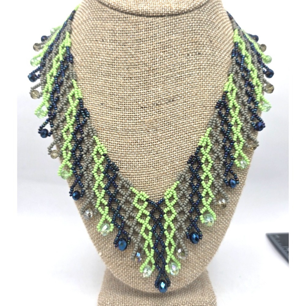Seed Bead Bib Necklace 22" Magnetic Closure Green Blue Gray‎ Seahawks Colors EUC
